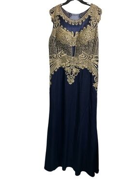 Navy Blue Prom Dress with Gold Embroidered Appliqué